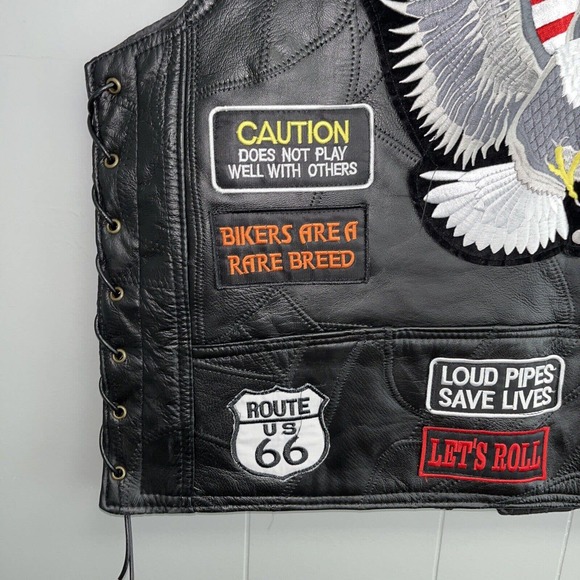 Diamond Plate Buffalo Leather Retro Black Biker Patch Motorcycle Vest Mens Sz L - Picture 13 of 16